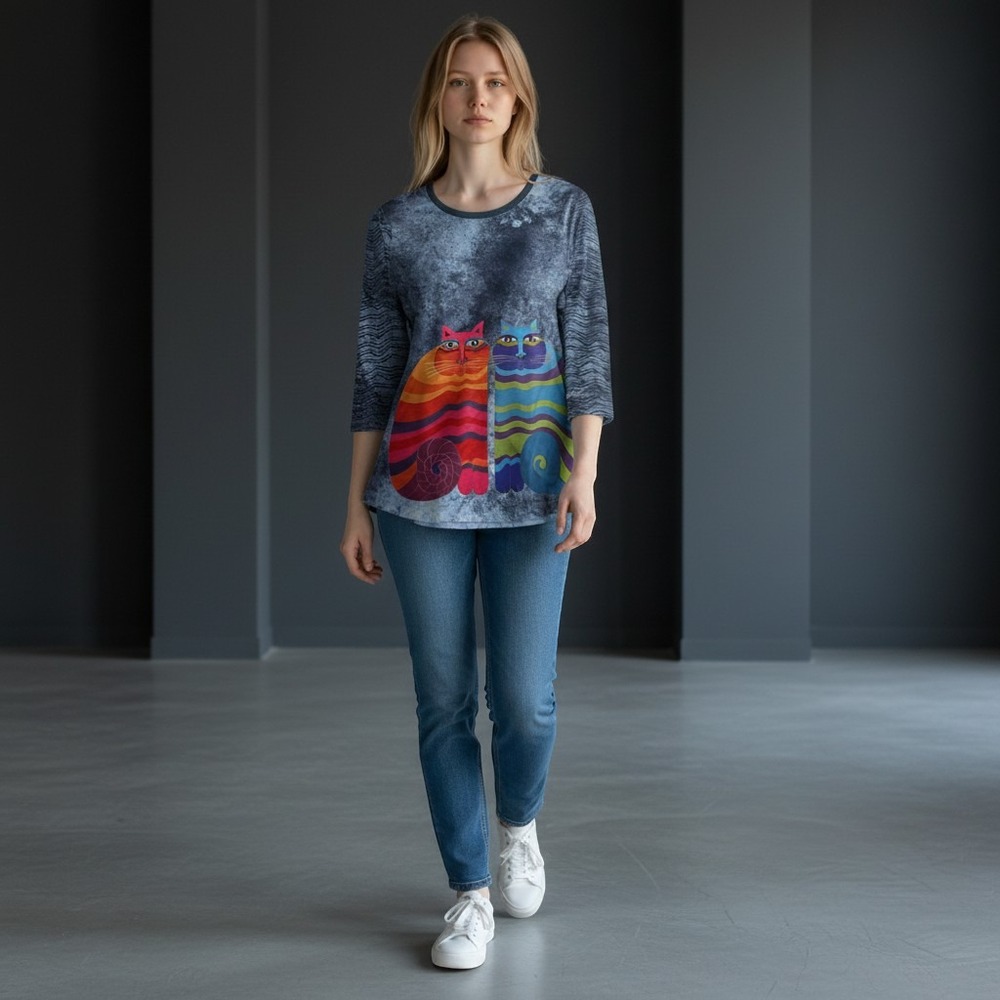 Laurel Burch Large Rainbow Cat Graphic Print Tunic Novelty Vintage Style Top